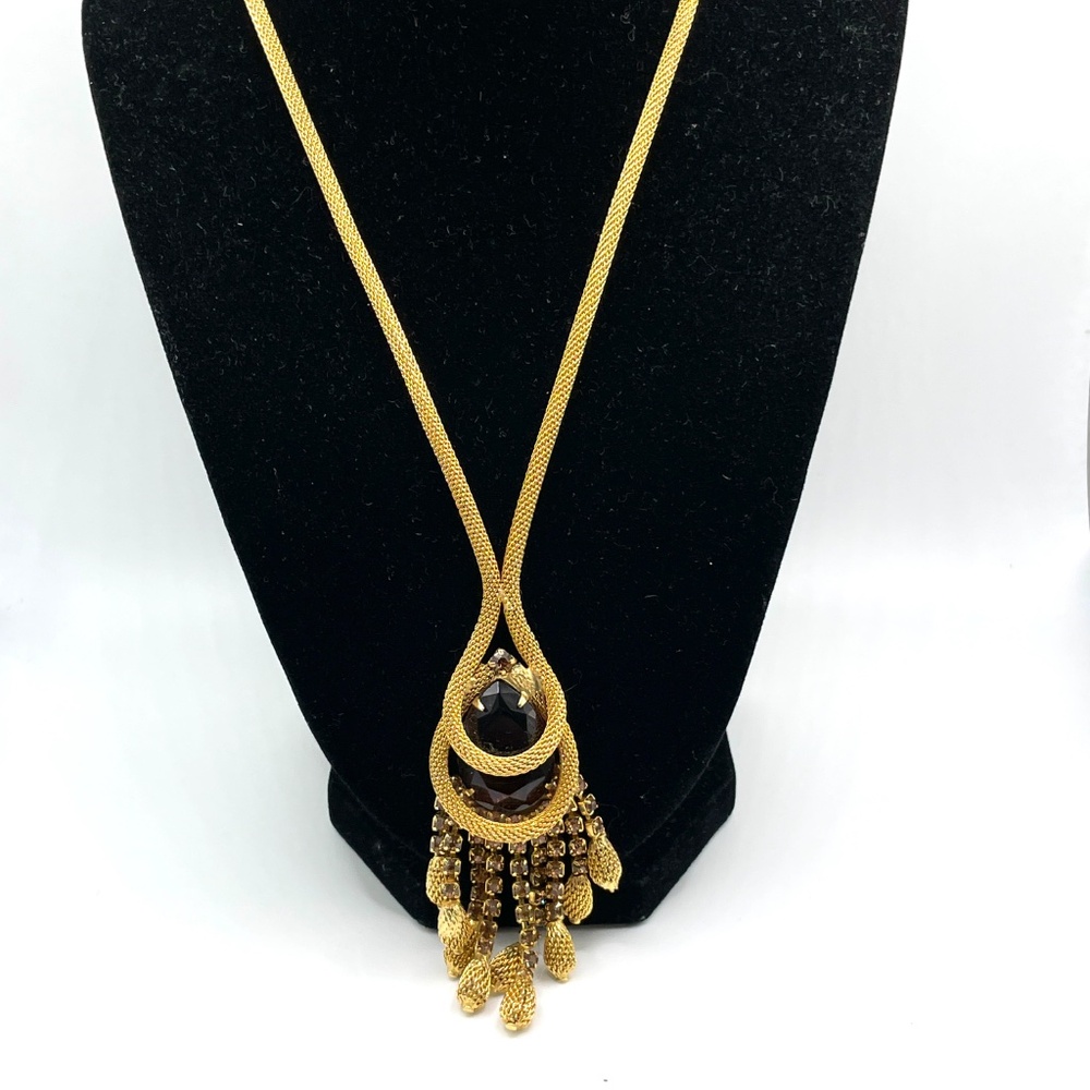 Vintage Gold Tone Mesh Rope Necklace Amber Glass Rhinestone Pendant